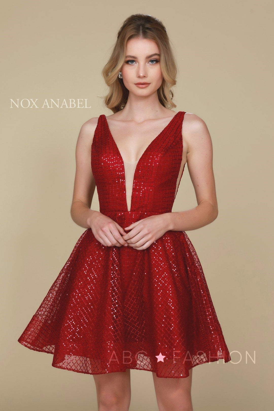 Short Semi-Formal Glitter Dress with Deep V-Neck by Nox Anabel M634-Short Cocktail Dresses-ABC Fashion