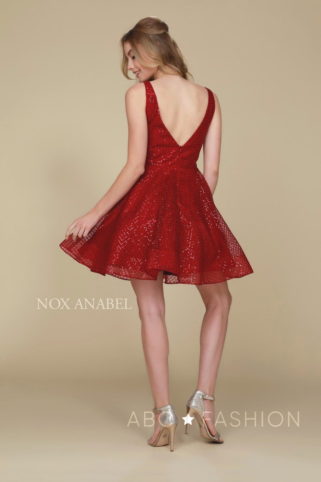 Short Semi-Formal Glitter Dress with Deep V-Neck by Nox Anabel M634-Short Cocktail Dresses-ABC Fashion