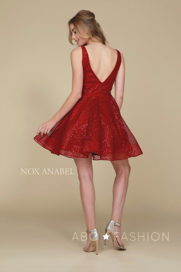 Short Semi-Formal Glitter Dress with Deep V-Neck by Nox Anabel M634-Short Cocktail Dresses-ABC Fashion