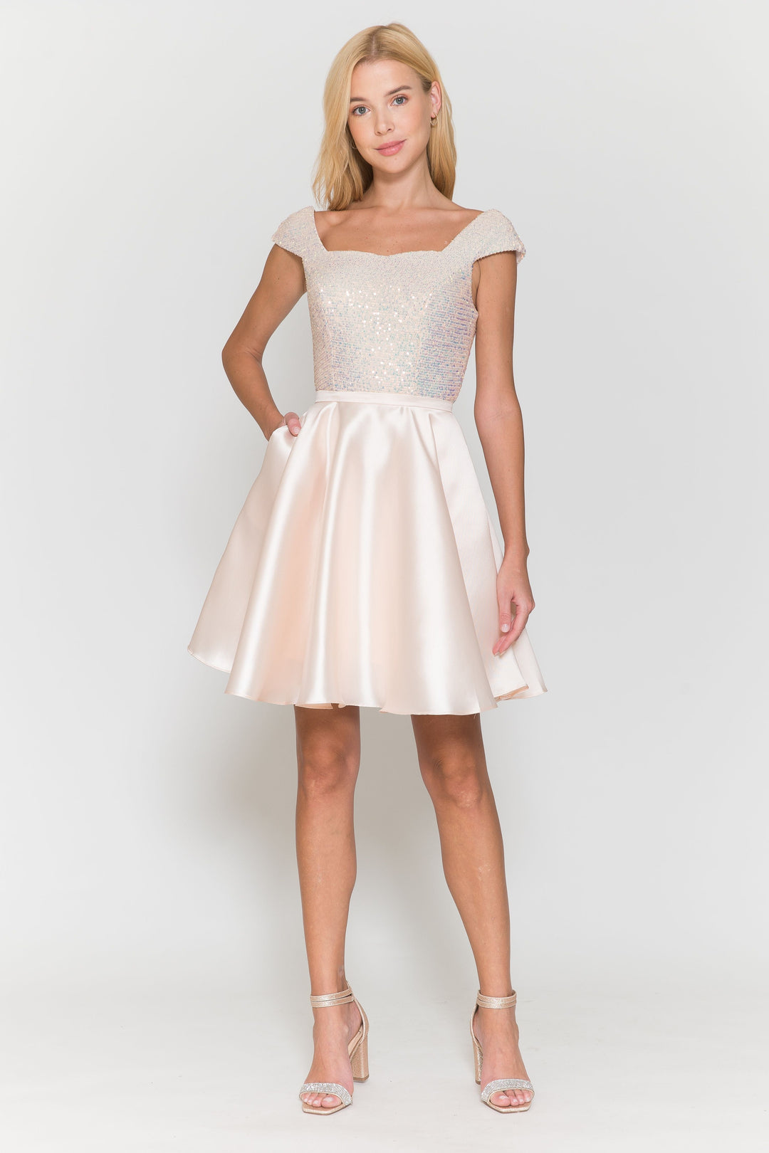 Short Sequin Bodice Cap Sleeve Dress by Poly USA 8732