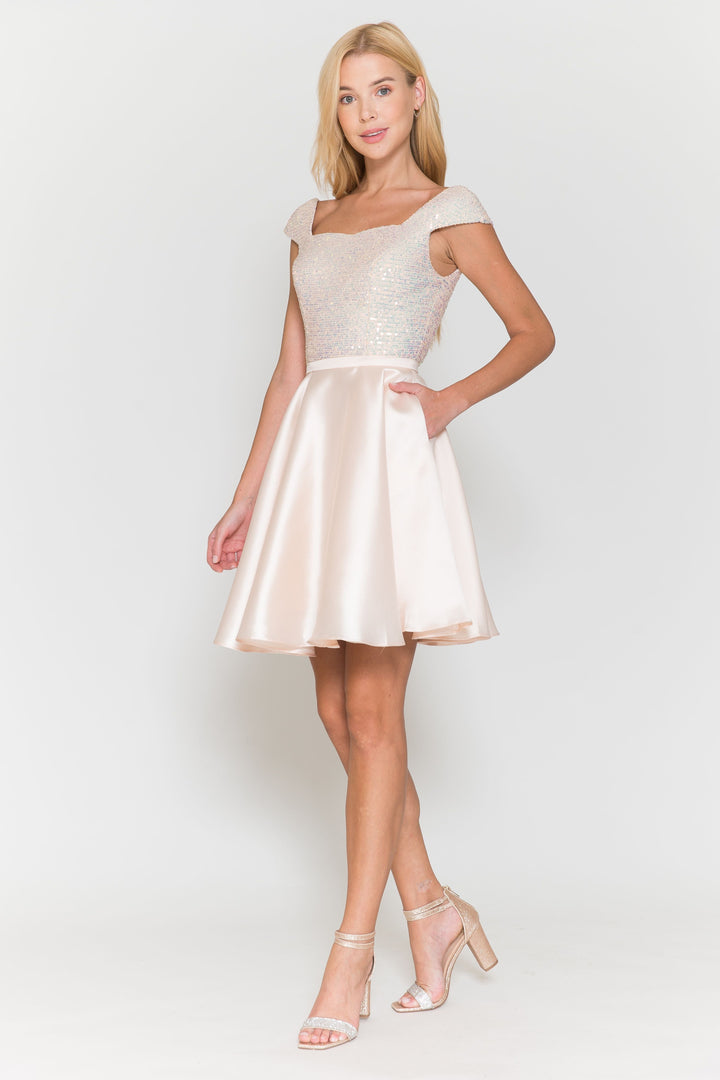 Short Sequin Bodice Cap Sleeve Dress by Poly USA 8732