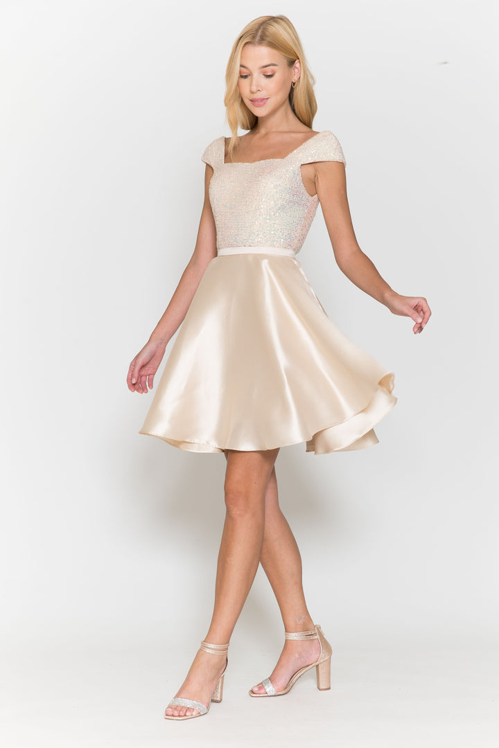 Short Sequin Bodice Cap Sleeve Dress by Poly USA 8732