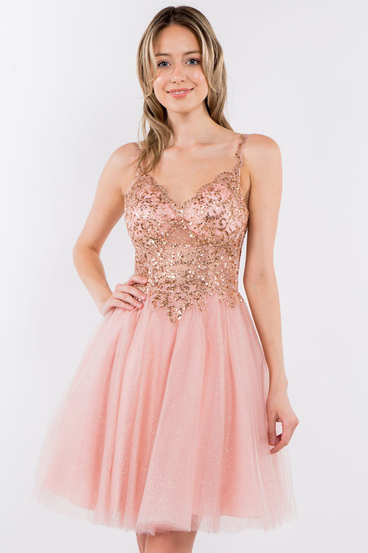 Short Sheer Bodice Glitter Dress by Elizabeth K GS1967