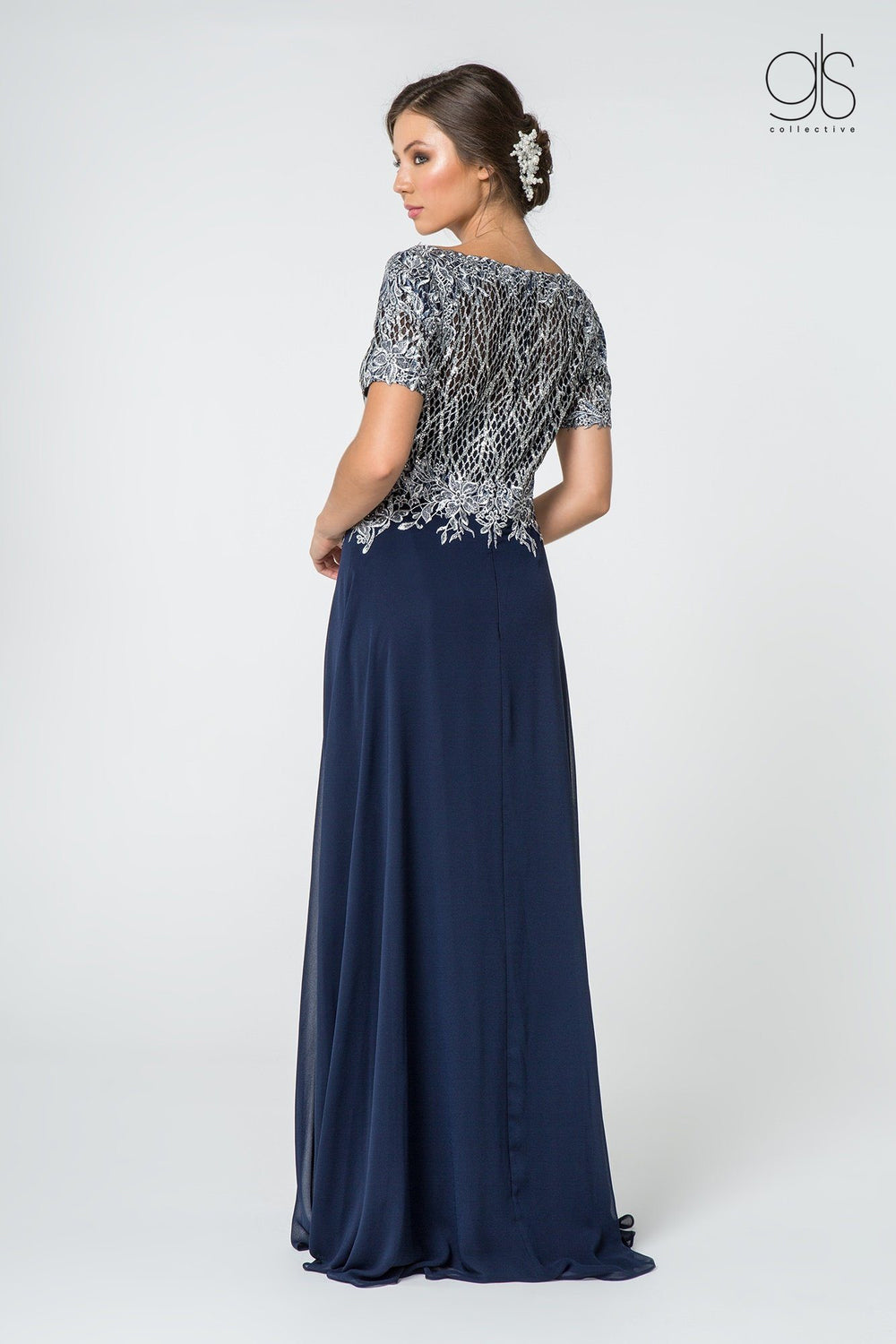 Short-Sleeve Gown with Glitter Lace Bodice by Elizabeth K GL2826-Long Formal Dresses-ABC Fashion