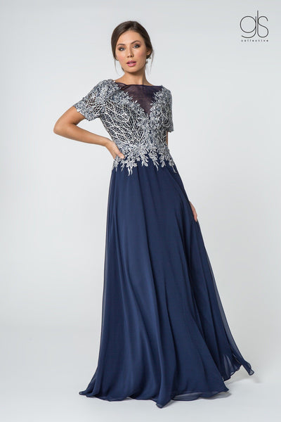 Short-Sleeve Gown with Glitter Lace Bodice by Elizabeth K GL2826-Long Formal Dresses-ABC Fashion