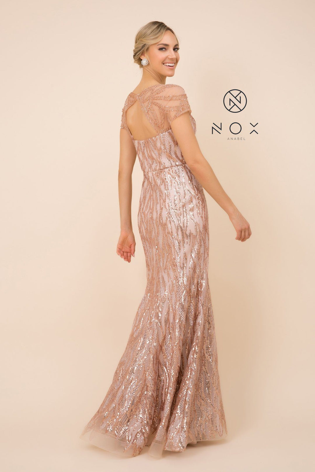 Short Sleeve Sequin Print Trumpet Gown by Nox Anabel T419
