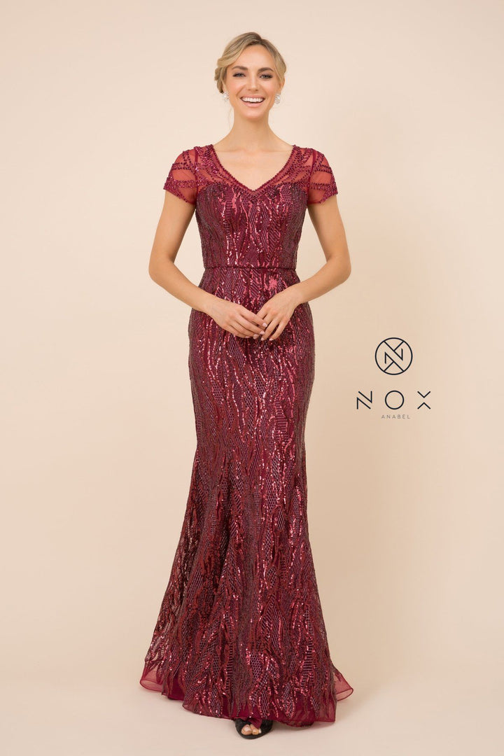 Short Sleeve Sequin Print Trumpet Gown by Nox Anabel T419