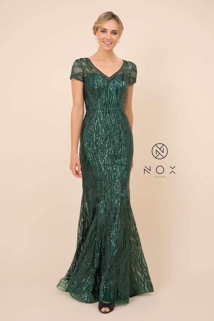 Short Sleeve Sequin Print Trumpet Gown by Nox Anabel T419