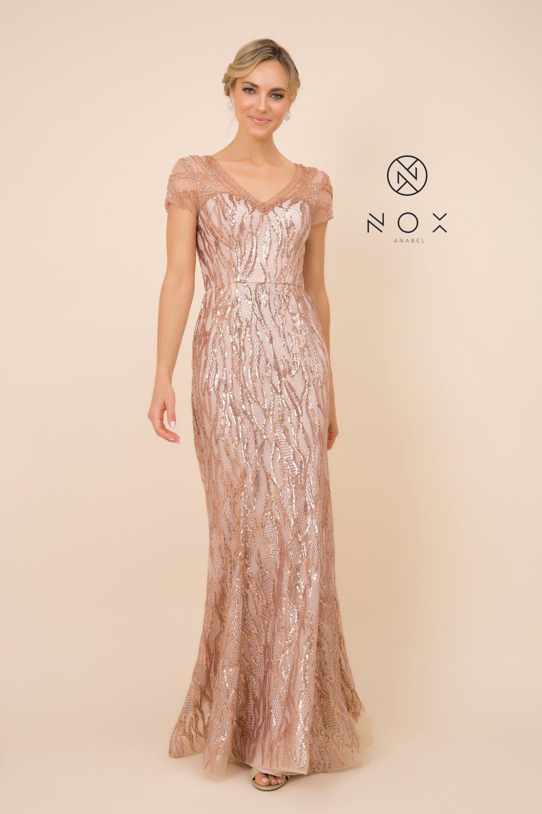 Short Sleeve Sequin Print Trumpet Gown by Nox Anabel T419
