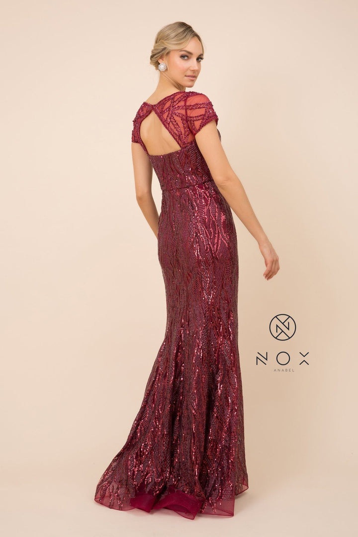 Short Sleeve Sequin Print Trumpet Gown by Nox Anabel T419