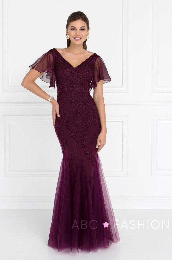 Short Sleeved Eggplant Mermaid Gown by Elizabeth K GL1576 ABC