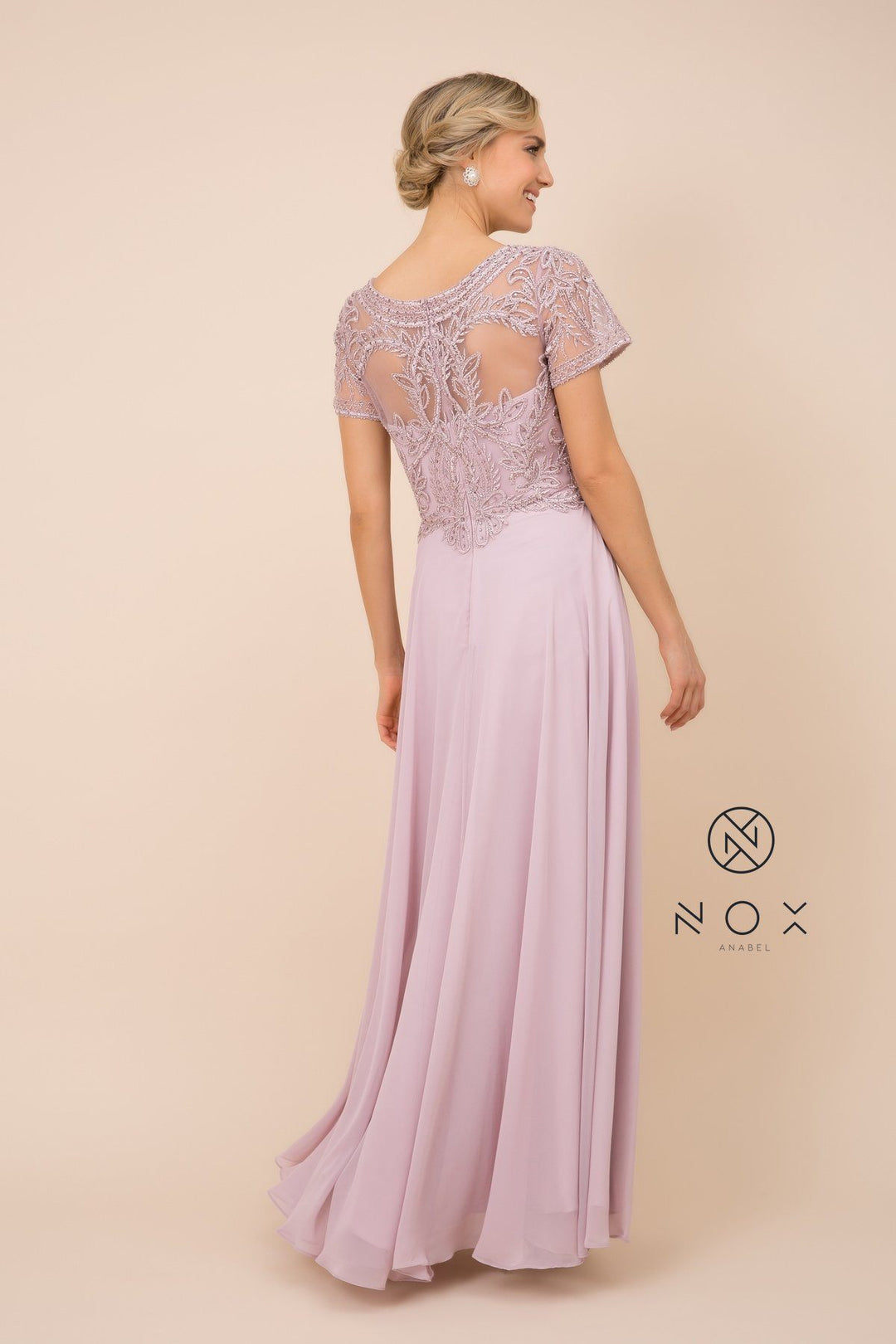 Short-Sleeved Gown with Appliqued Bodice by Nox Anabel Y525
