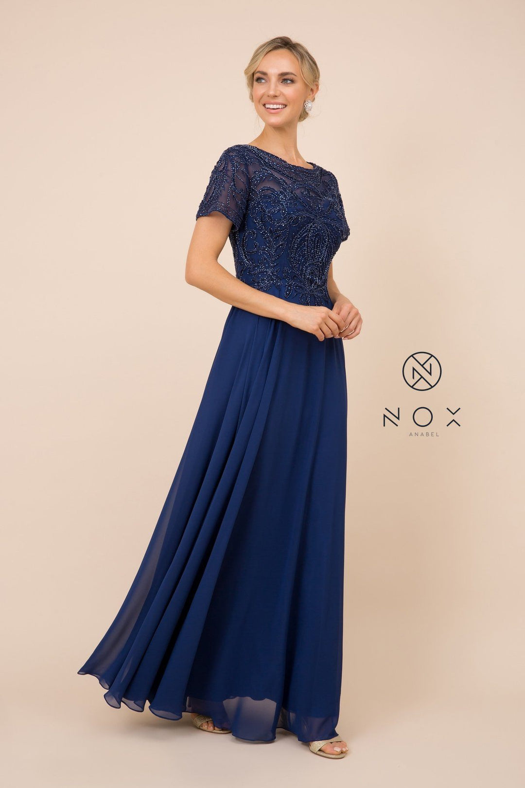Short-Sleeved Gown with Appliqued Bodice by Nox Anabel Y525