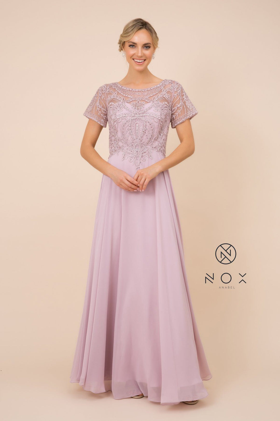 Short-Sleeved Gown with Appliqued Bodice by Nox Anabel Y525