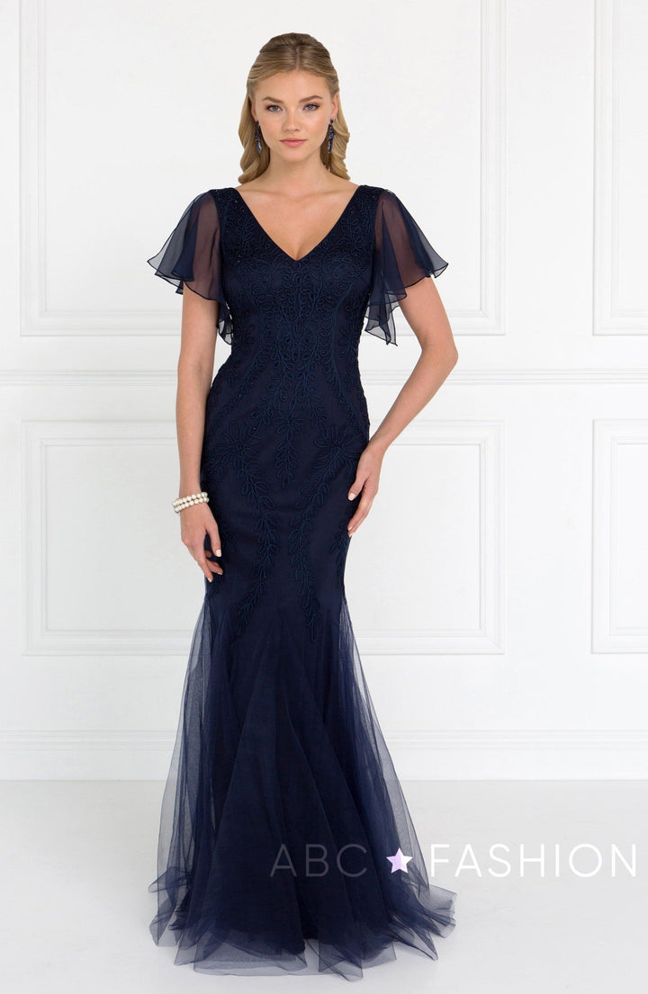 Short-Sleeved Navy Mermaid Gown by Elizabeth K GL1576-Long Formal Dresses-ABC Fashion