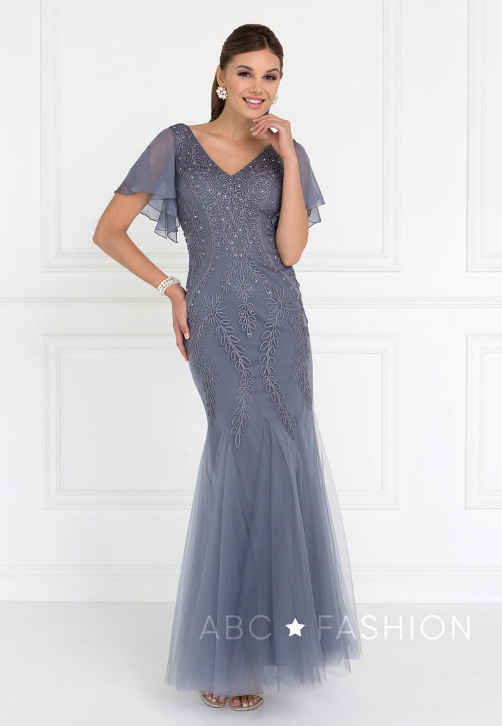 Short-Sleeved Navy Mermaid Gown by Elizabeth K GL1576-Long Formal Dresses-ABC Fashion