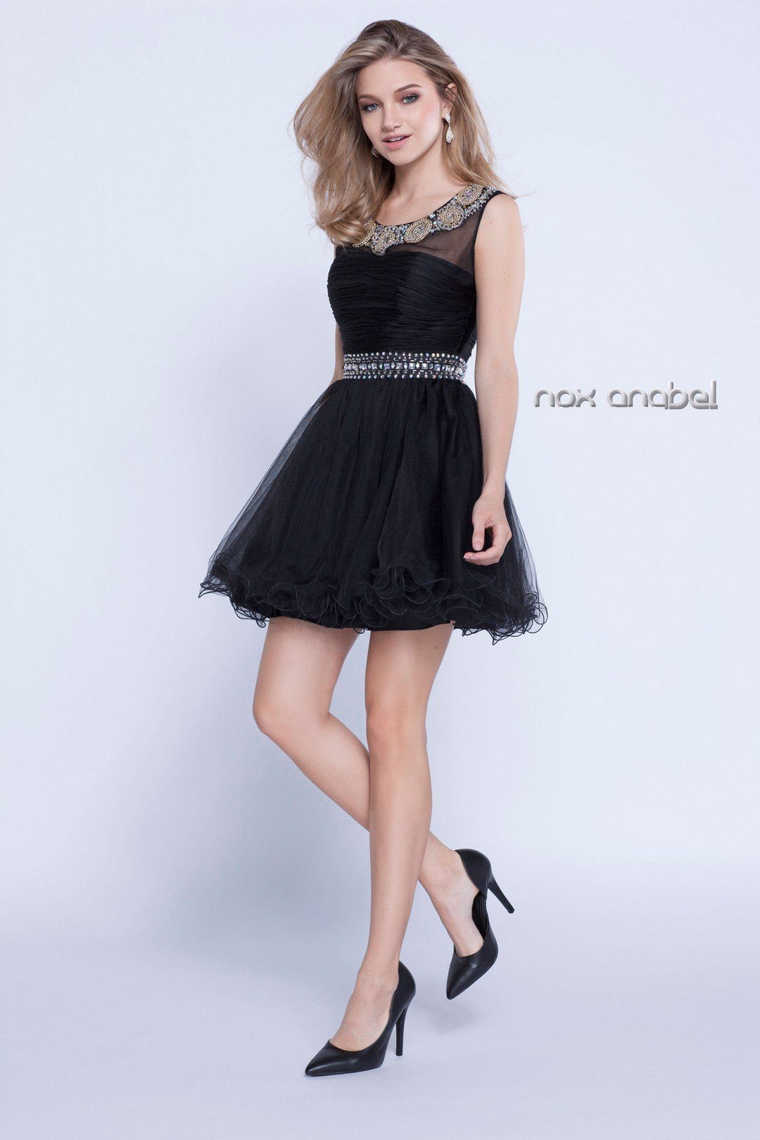 Short Sleeveless Beaded Illusion Dress by Nox Anabel 6044-Short Cocktail Dresses-ABC Fashion