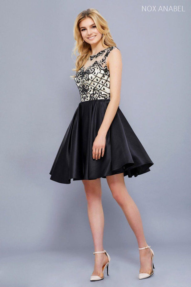 Short Sleeveless Dress with Beaded Bodice by Nox Anabel 6059-Short Cocktail Dresses-ABC Fashion