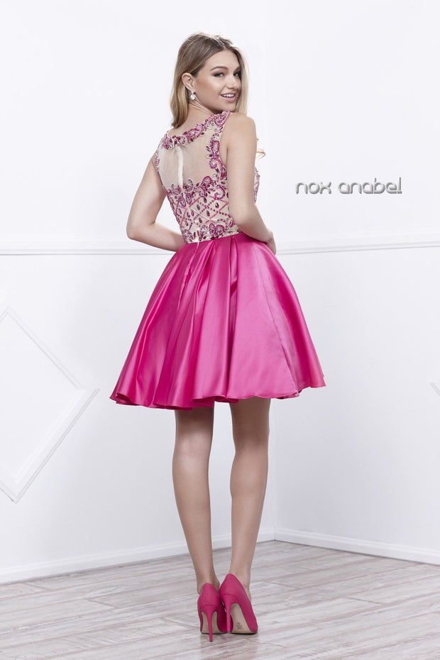 Short Sleeveless Dress with Beaded Bodice by Nox Anabel 6059-Short Cocktail Dresses-ABC Fashion