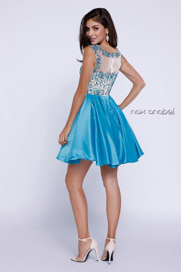 Short Sleeveless Dress with Beaded Bodice by Nox Anabel 6059-Short Cocktail Dresses-ABC Fashion
