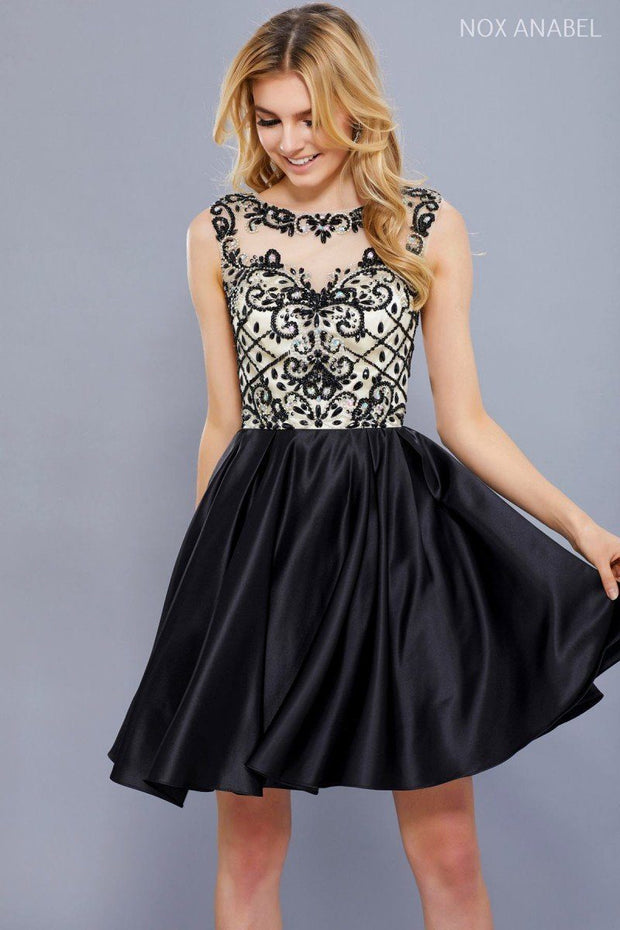 Short Sleeveless Dress with Beaded Bodice by Nox Anabel 6059-Short Cocktail Dresses-ABC Fashion