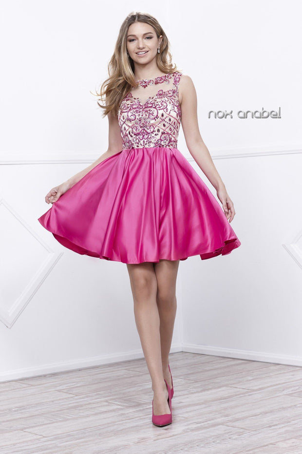 Short Sleeveless Dress with Beaded Bodice by Nox Anabel 6059-Short Cocktail Dresses-ABC Fashion