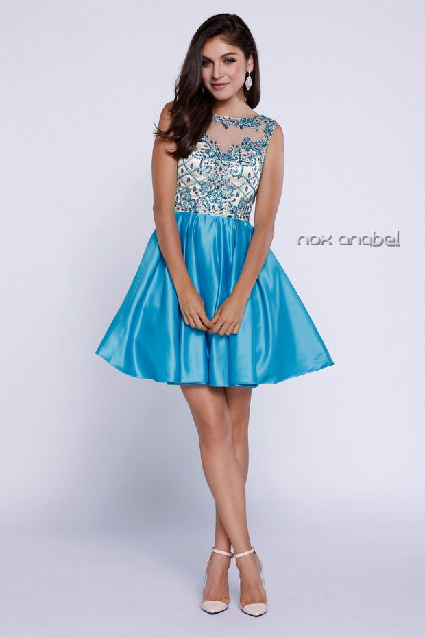 Short Sleeveless Dress with Beaded Bodice by Nox Anabel 6059-Short Cocktail Dresses-ABC Fashion
