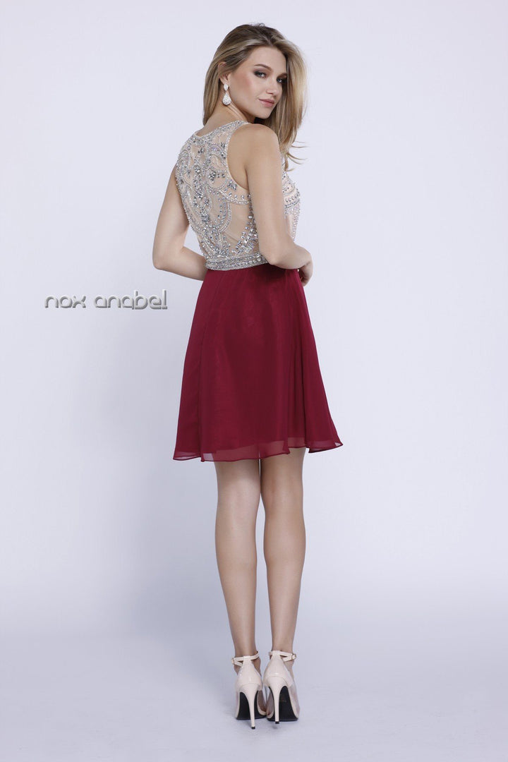 Short Sleeveless Dress with Beaded Bodice by Nox Anabel 6274-Short Cocktail Dresses-ABC Fashion