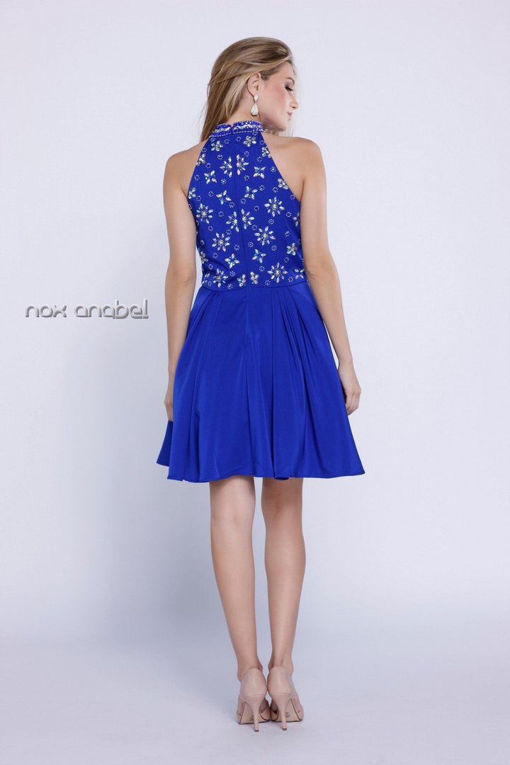 Short Sleeveless Dress with Floral Beaded Top by Nox Anabel 6230-Short Cocktail Dresses-ABC Fashion