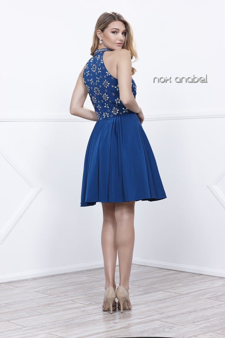 Short Sleeveless Dress with Floral Beaded Top by Nox Anabel 6230-Short Cocktail Dresses-ABC Fashion