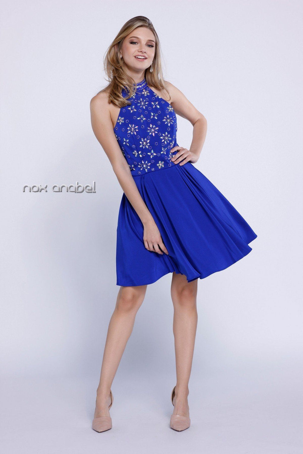 Short Sleeveless Dress with Floral Beaded Top by Nox Anabel 6230-Short Cocktail Dresses-ABC Fashion