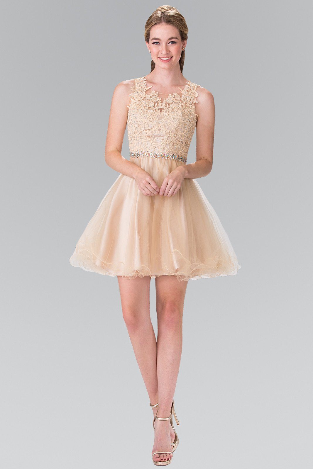 Short Sleeveless Dress with Lace Illusion Top by Elizabeth K GS2375-Short Cocktail Dresses-ABC Fashion