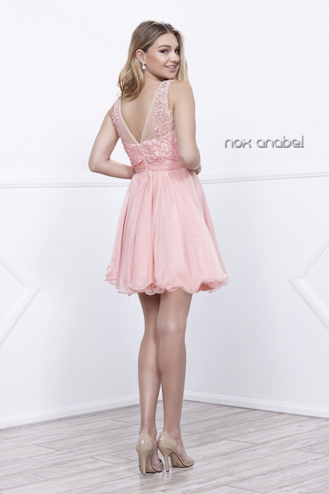 Short Sleeveless Floral Embroidered Dress by Nox Anabel 6049-Short Cocktail Dresses-ABC Fashion