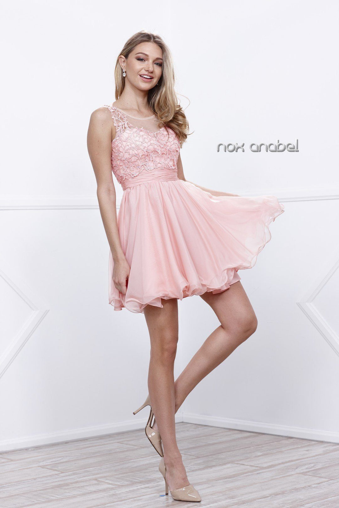 Short Sleeveless Floral Embroidered Dress by Nox Anabel 6049-Short Cocktail Dresses-ABC Fashion
