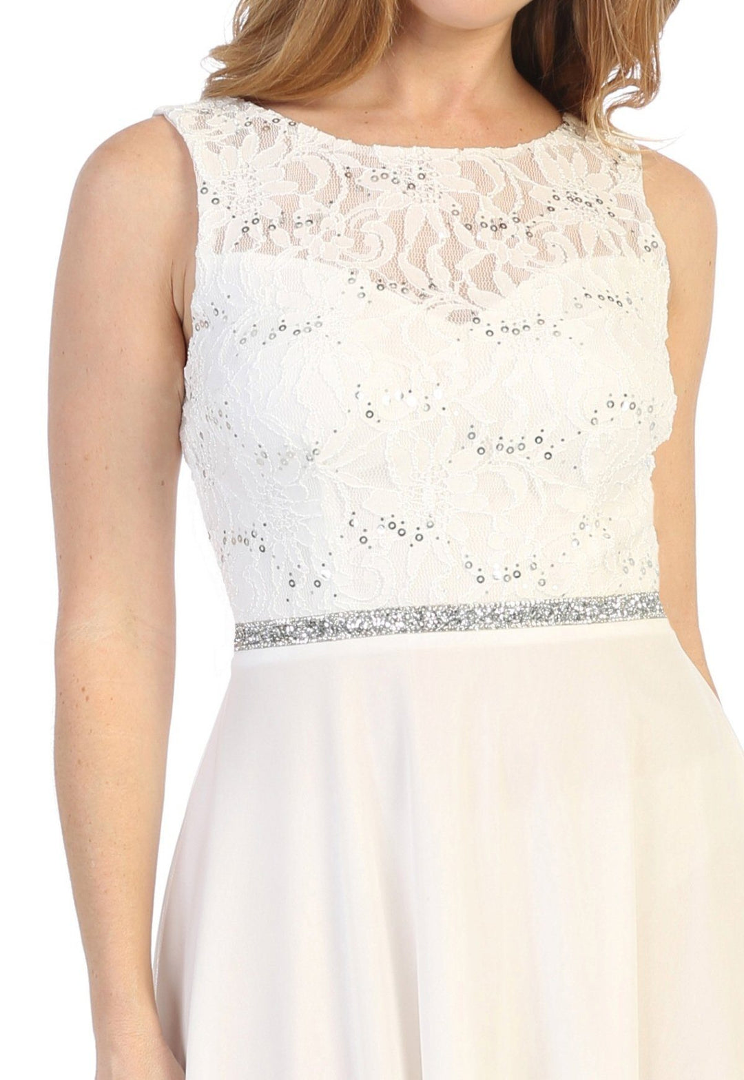 Short Sleeveless Floral Lace Bodice Dress by Celavie 6406