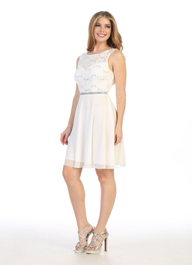 Short Sleeveless Floral Lace Bodice Dress by Celavie 6406