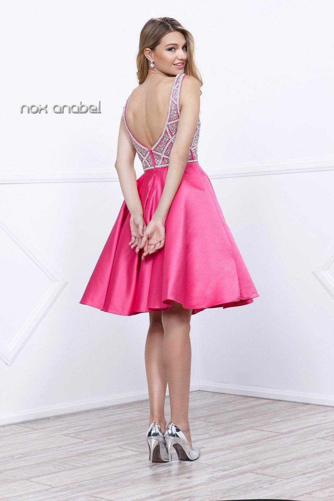 Short Sleeveless Fuchsia Dress with Beaded Top by Nox Anabel 6256-Short Cocktail Dresses-ABC Fashion