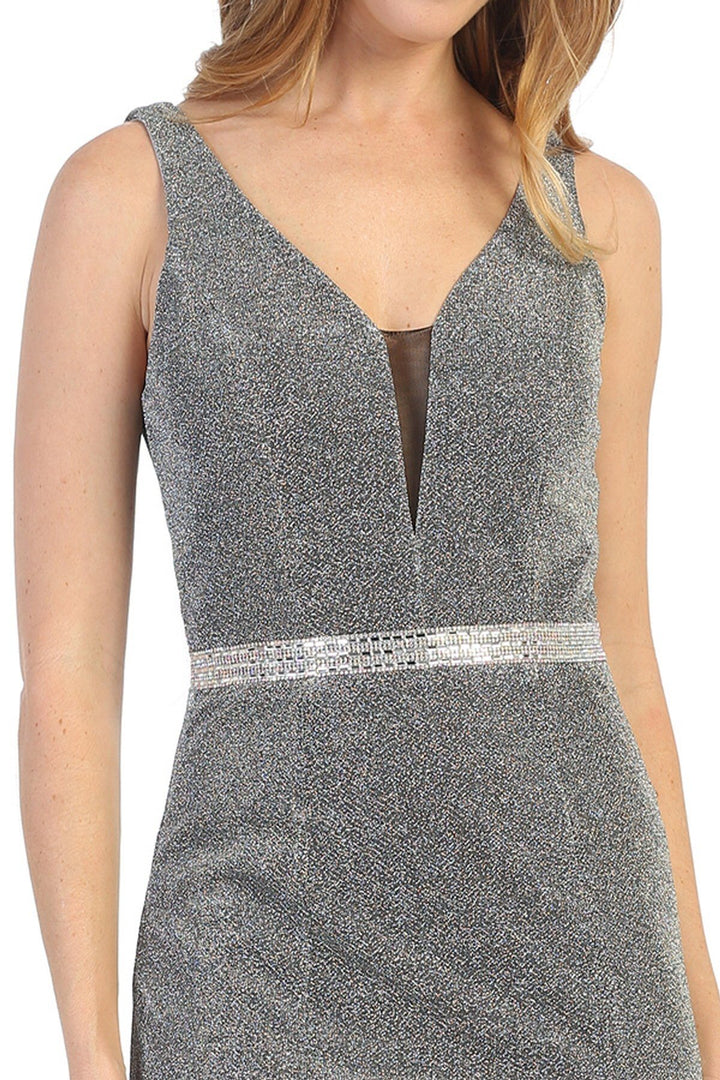 Short Sleeveless Metallic V-Neck Dress by Celavie 6483S