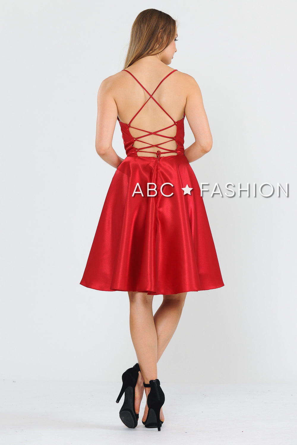 Short Sleeveless Satin Dress with Corset Back by Poly USA 9065-Short Cocktail Dresses-ABC Fashion