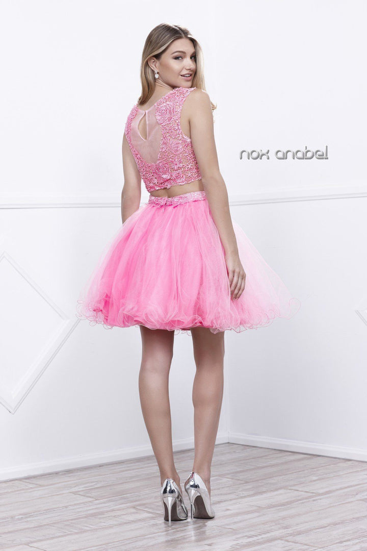 Short Sleeveless Two-Piece Dress with Lace Top by Nox Anabel 6057-Short Cocktail Dresses-ABC Fashion