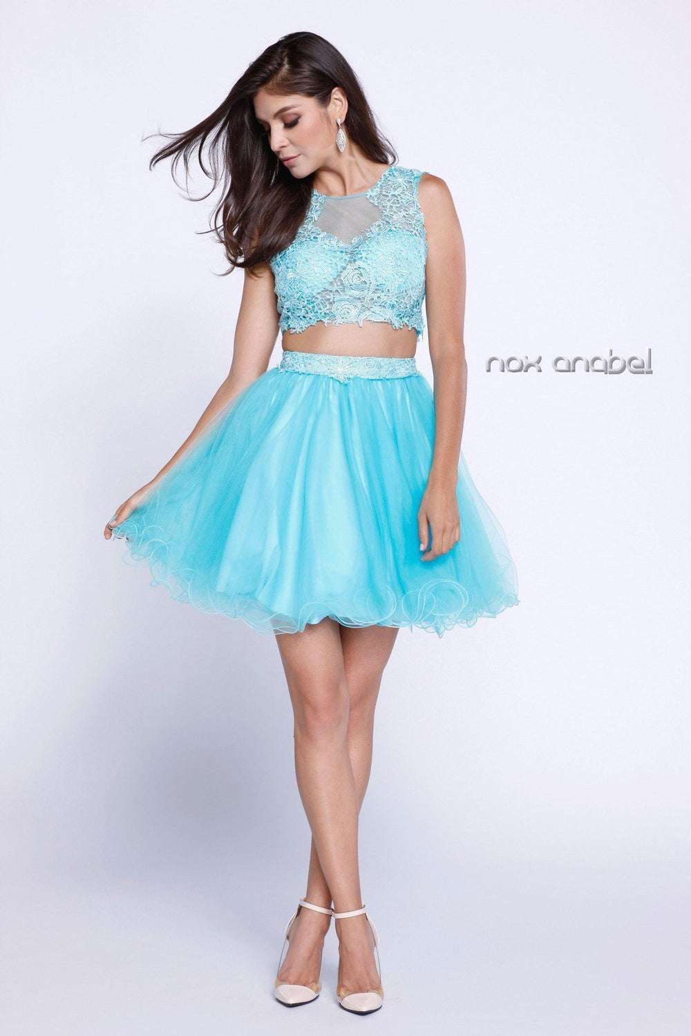 Short Sleeveless Two-Piece Dress with Lace Top by Nox Anabel 6057-Short Cocktail Dresses-ABC Fashion