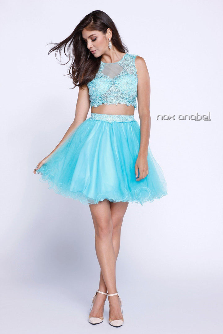 Short Sleeveless Two-Piece Dress with Lace Top by Nox Anabel 6057-Short Cocktail Dresses-ABC Fashion