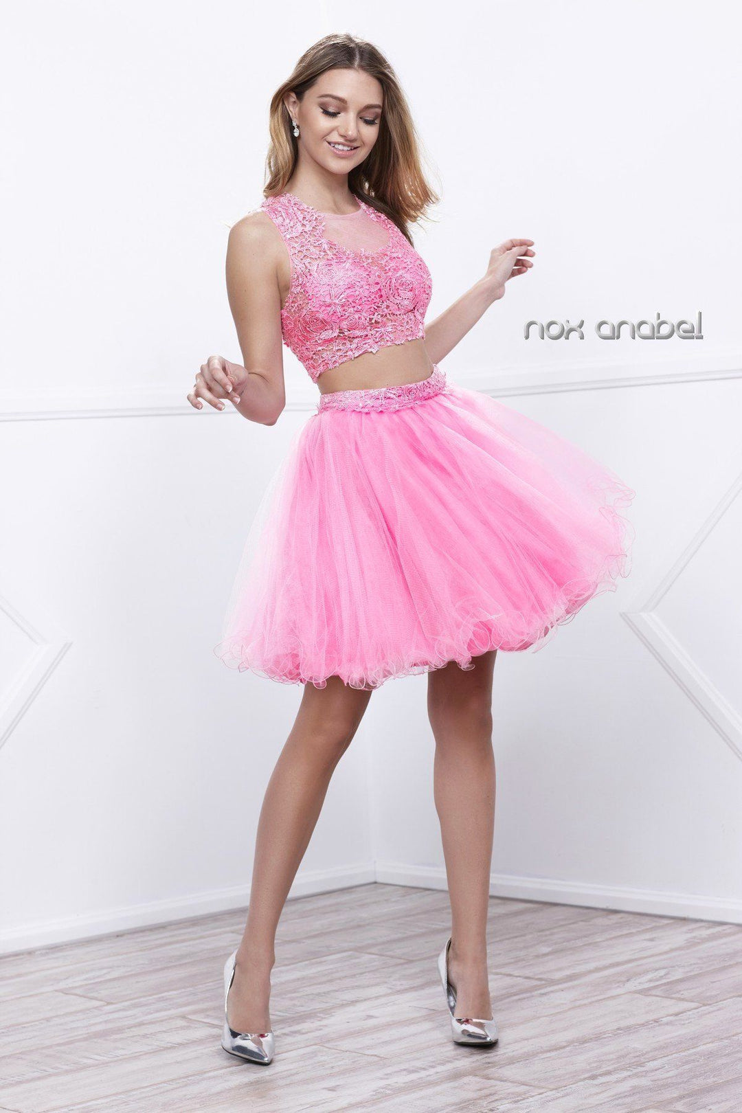 Short Sleeveless Two-Piece Dress with Lace Top by Nox Anabel 6057-Short Cocktail Dresses-ABC Fashion