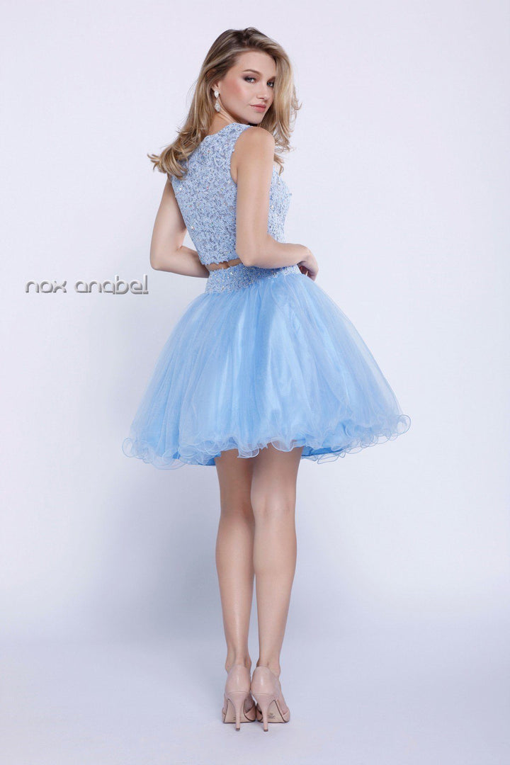 Short Sleeveless Two-Piece Lace Top Illusion Dress by Nox Anabel 6058-Short Cocktail Dresses-ABC Fashion
