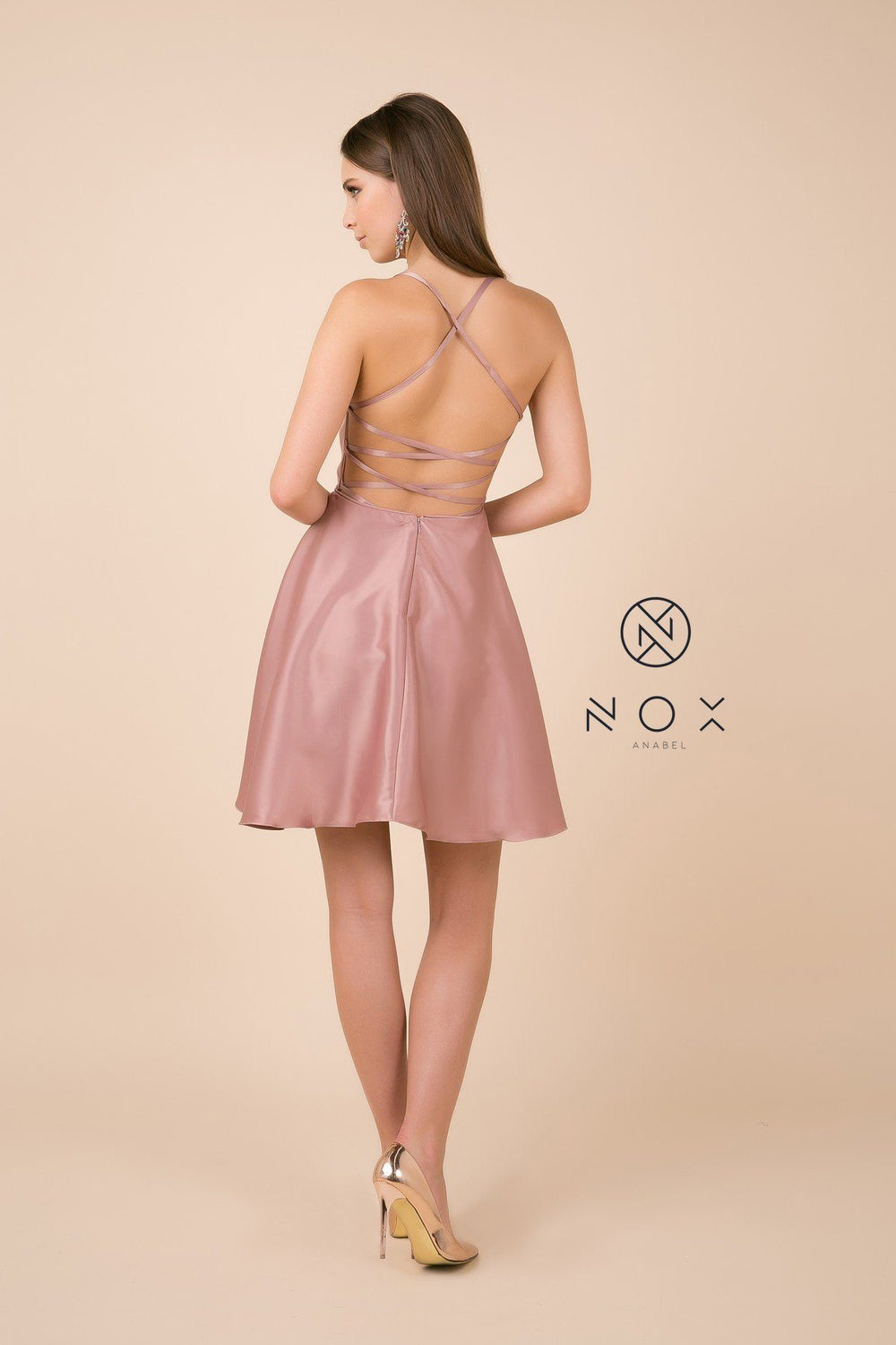 Short Spaghetti Strap Dress with Corset Back by Nox Anabel M658-Short Cocktail Dresses-ABC Fashion