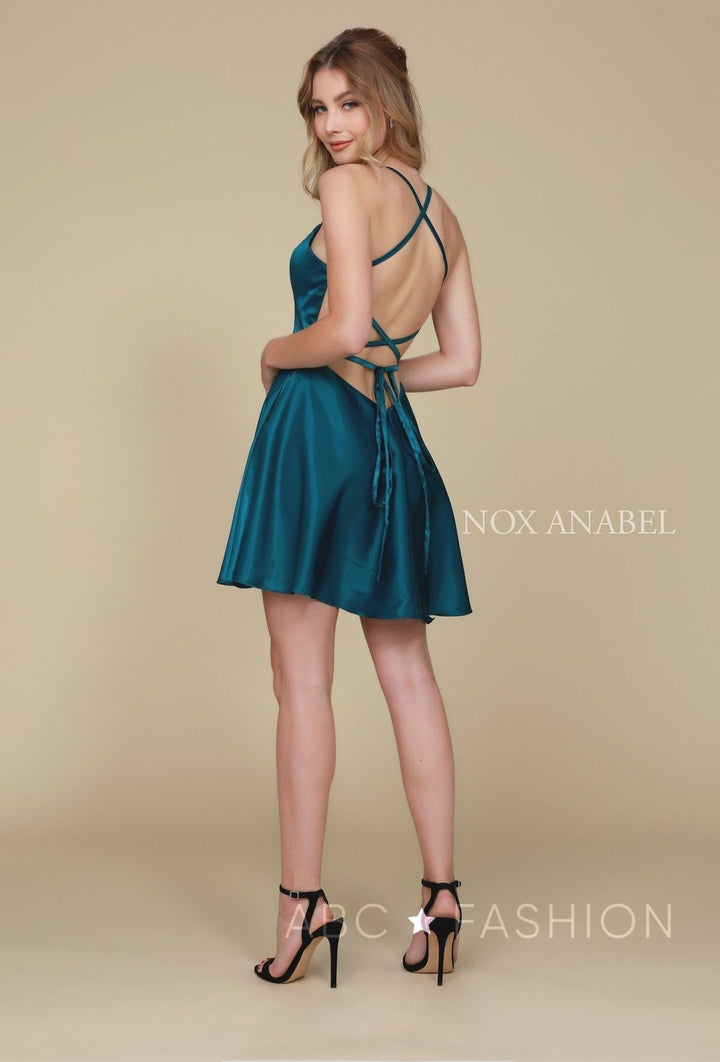 Short Spaghetti Strap Dress with Corset Back by Nox Anabel M658-Short Cocktail Dresses-ABC Fashion