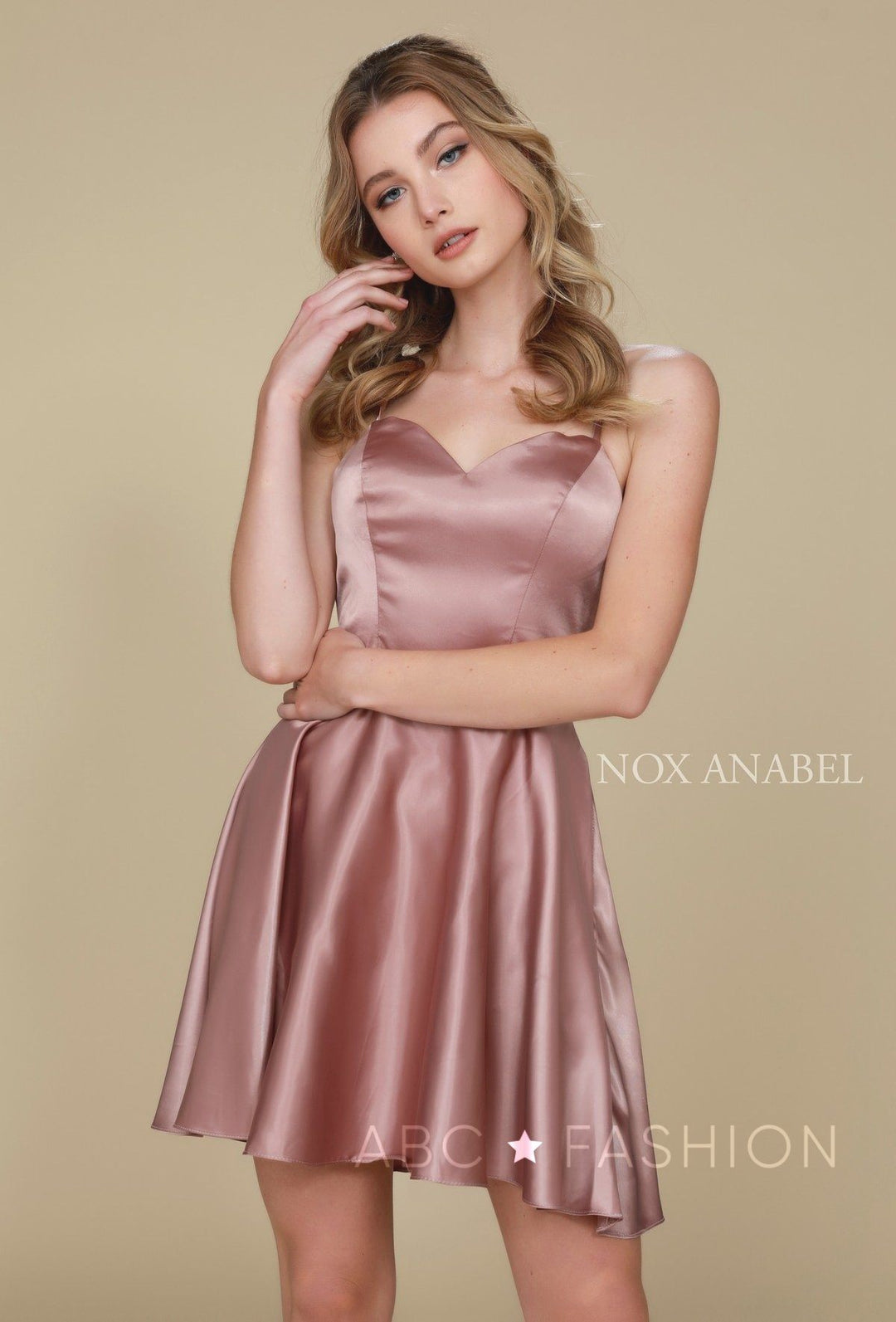 Short Spaghetti Strap Dress with Corset Back by Nox Anabel M658-Short Cocktail Dresses-ABC Fashion