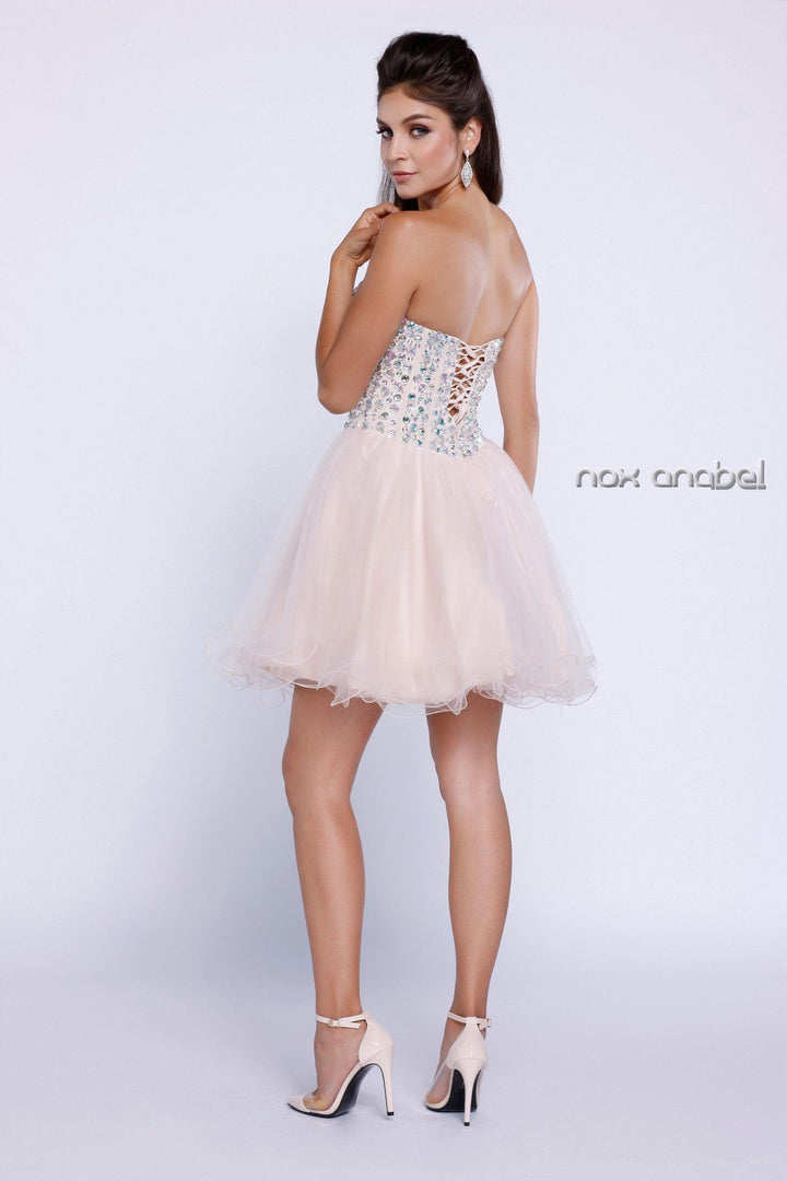 Short Strapless Beaded Boning Cocktail Dress by Nox Anabel 6015-Short Cocktail Dresses-ABC Fashion