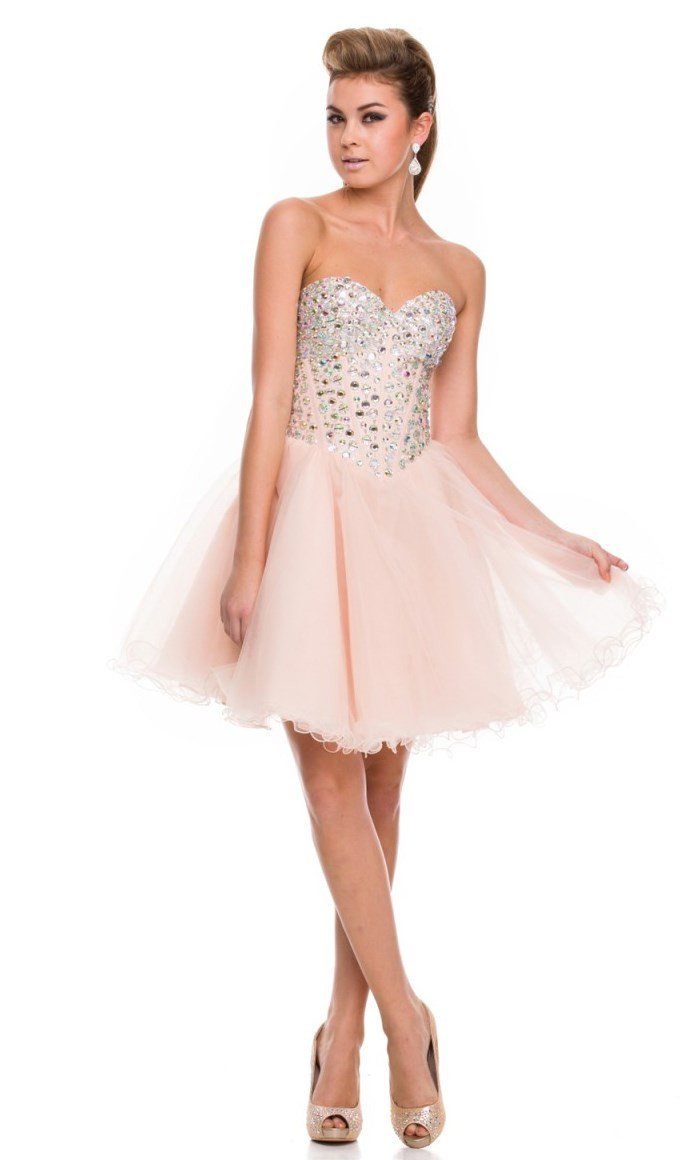 Short Strapless Beaded Boning Cocktail Dress by Nox Anabel 6015-Short Cocktail Dresses-ABC Fashion