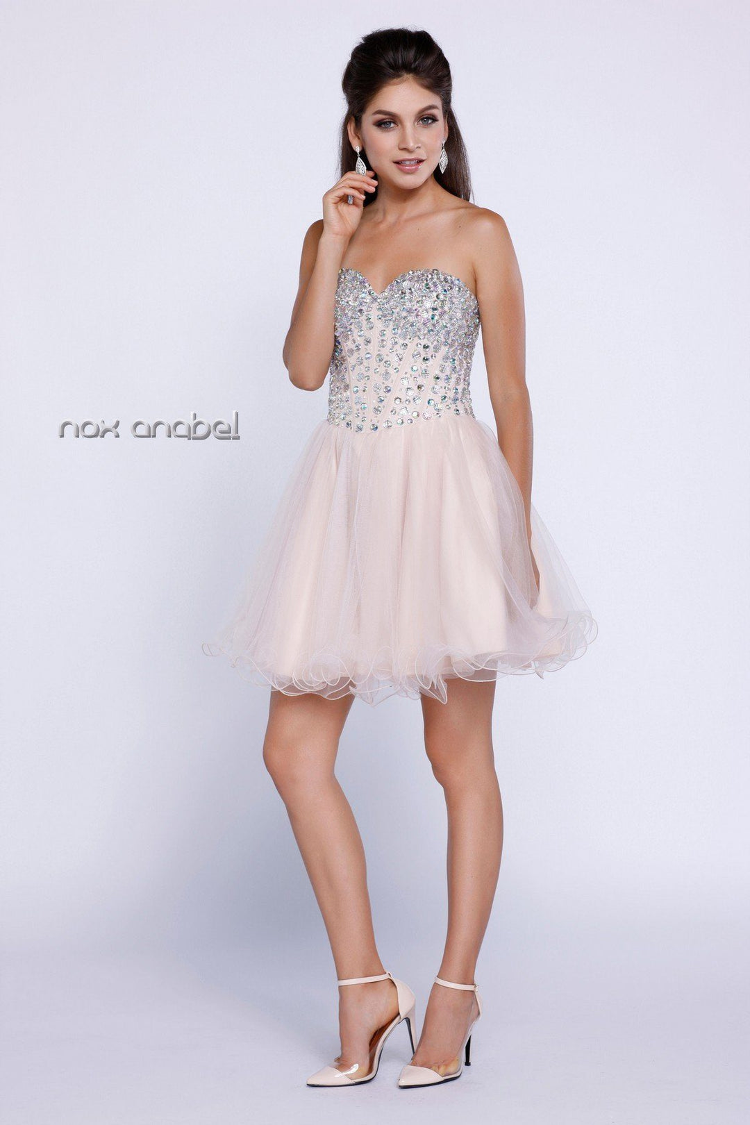 Short Strapless Beaded Boning Cocktail Dress by Nox Anabel 6015-Short Cocktail Dresses-ABC Fashion